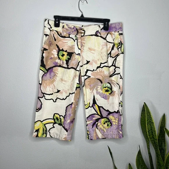 Robeerto Cavalli Floral Watercolor Cropped Pants 42 - Picture 1 of 5